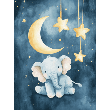 Cute Elephant Moon Stars Watercolor Canvas Print/Wall Art， Suitable for Nursery Decor， Bedroom Decor， Living Room Decor， Kids Room Decor， and Playroom Decor.