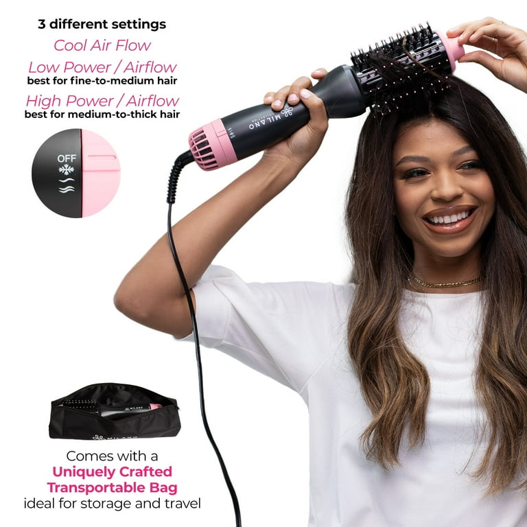 Milano Collection Volumizing Smoothing Hot Air Brush Blowdry Hairbrush for Quick and Easy Styling. Ideal for Wigs Natural Hair. Includes Free Bag for On The Go Easy Storage