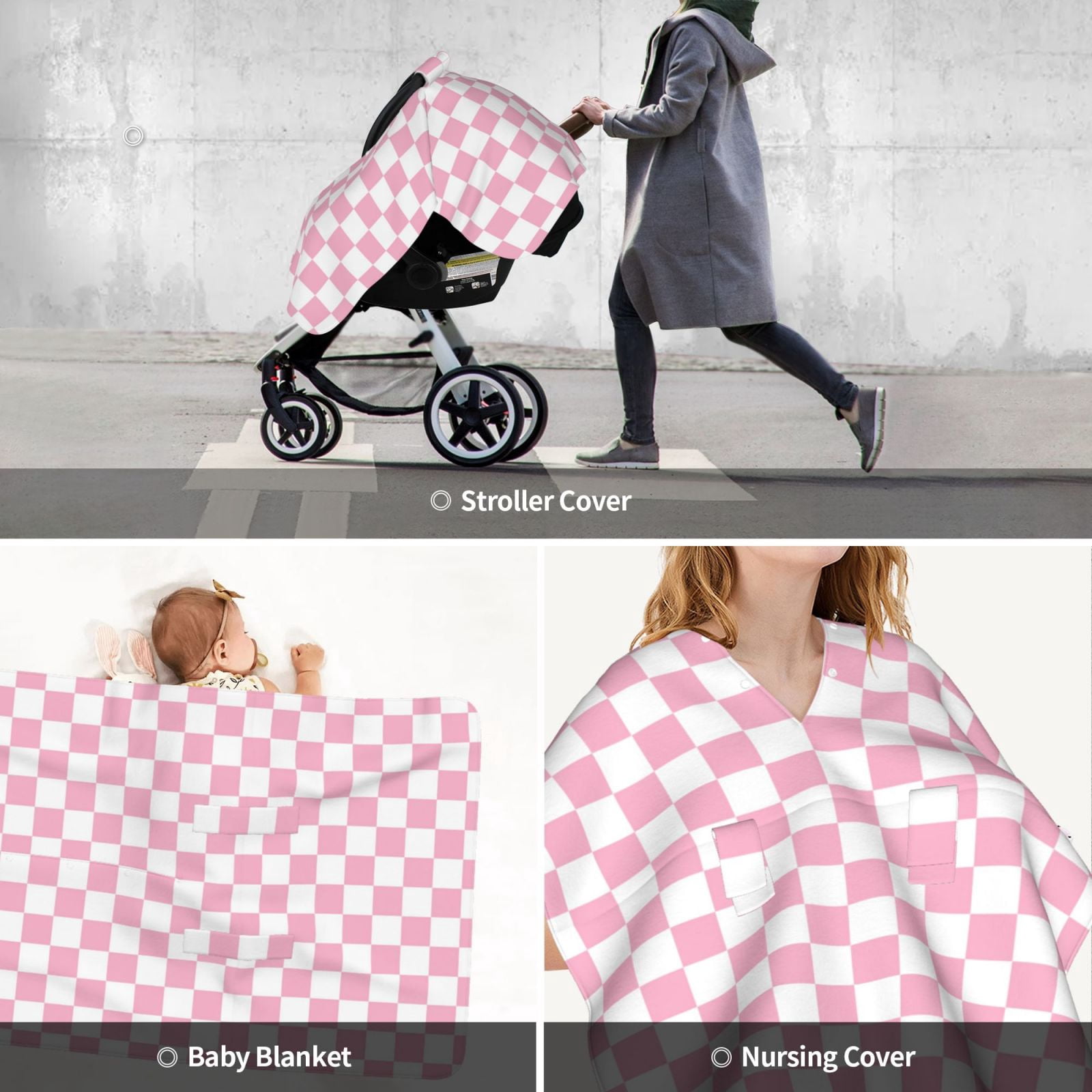 Car Seat Cover Baby - pink pastel checkered Breathable Infant Car Seat Cover for Baby Carseat, Lightweight Comfort Baby Essentials Must Haves Newborn Stuff for Girl Boy