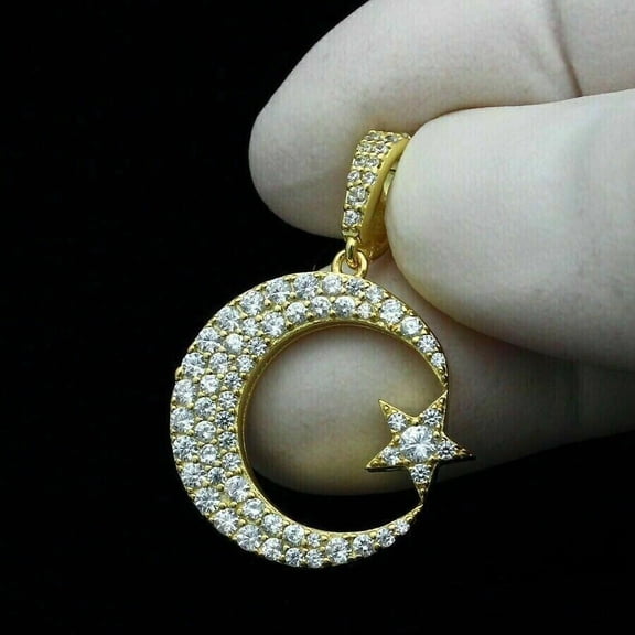 Forever Jewels 2Ct Round Cut Moissanite Women Moon Star Pendant 14K Yellow Gold Plated