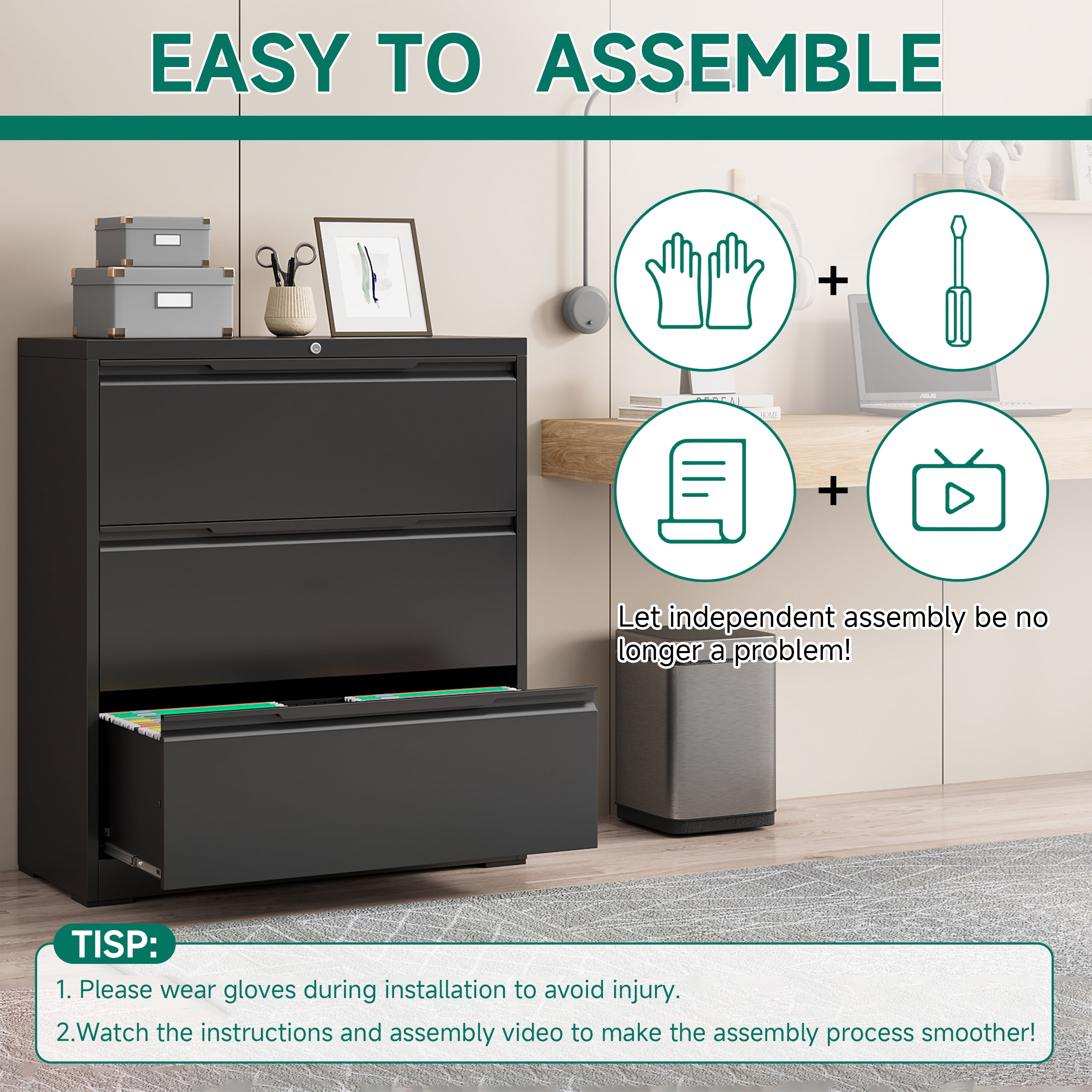 Kooyon 3 Drawer Lateral File Cabinet with Lock, Metal Filing Cabinet for Home Office, Black, Fits Letter/Legal/A4-Assembly Required