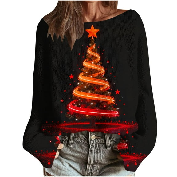 yardsong Long Sleeve Pullover Women Reindeer - Boat Neck Imitation Knit Christmas Holiday Ugly Santa Claus Graphic Sweaters Top Red,S