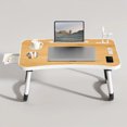 thumbnail image 4 of JUNOVE Multi functional wooden laptop desk with cup holder, drawers, USB port, fan, and light - portable folding bed desk suitable for writing, reading, and working on sofas or floors（Pink）, 4 of 10