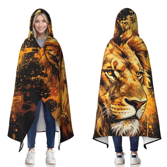 Vibrant Golden Lion Wearable Blanket Hoodies for Women Men Adults Soft Warm Paint Splatter Cool Lions Hooded Blankets for Sofa Bed Decor 50x60 Inch