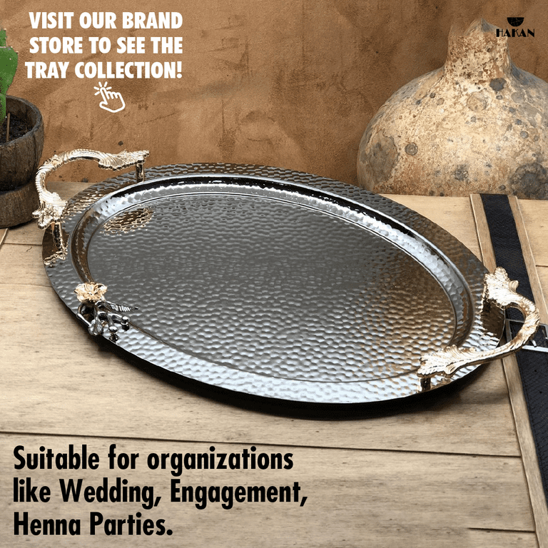 Ornamental Big Oval Gold Serving Tray with Leaf Handles, Anti