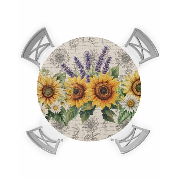 nqOlkjepod Sunflower Round Tablecloth, Fitted Table Cover with Elastic for 36"-44" Round Tables, Summer Botanical Lavender Farmhouse Table Cloth Outdoor Indoor Dinning Party Waterproof Tablecloths
