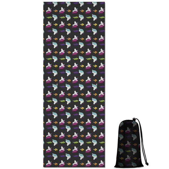 Black Cartoon Unicorn Lightning Pattern Hot Yoga Mat Towel Non Slip for Hot Yoga - Quick-Drying Yoga Mat Cover with 4 Corner Pockets with Travel Bag - Hot Yoga Towel Non Slip 70"x26"