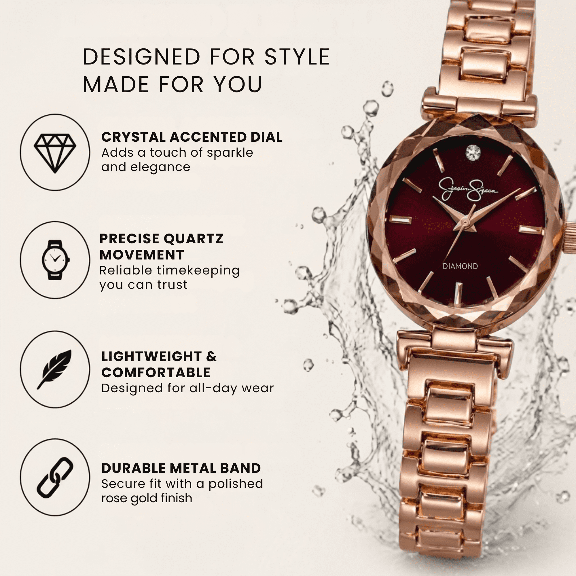 Jessica Simpson Diamond Collection Women Watch, Classic Quartz, Metal Band, Round Faceted Crystal Face, Elegant Dress Watch for Women