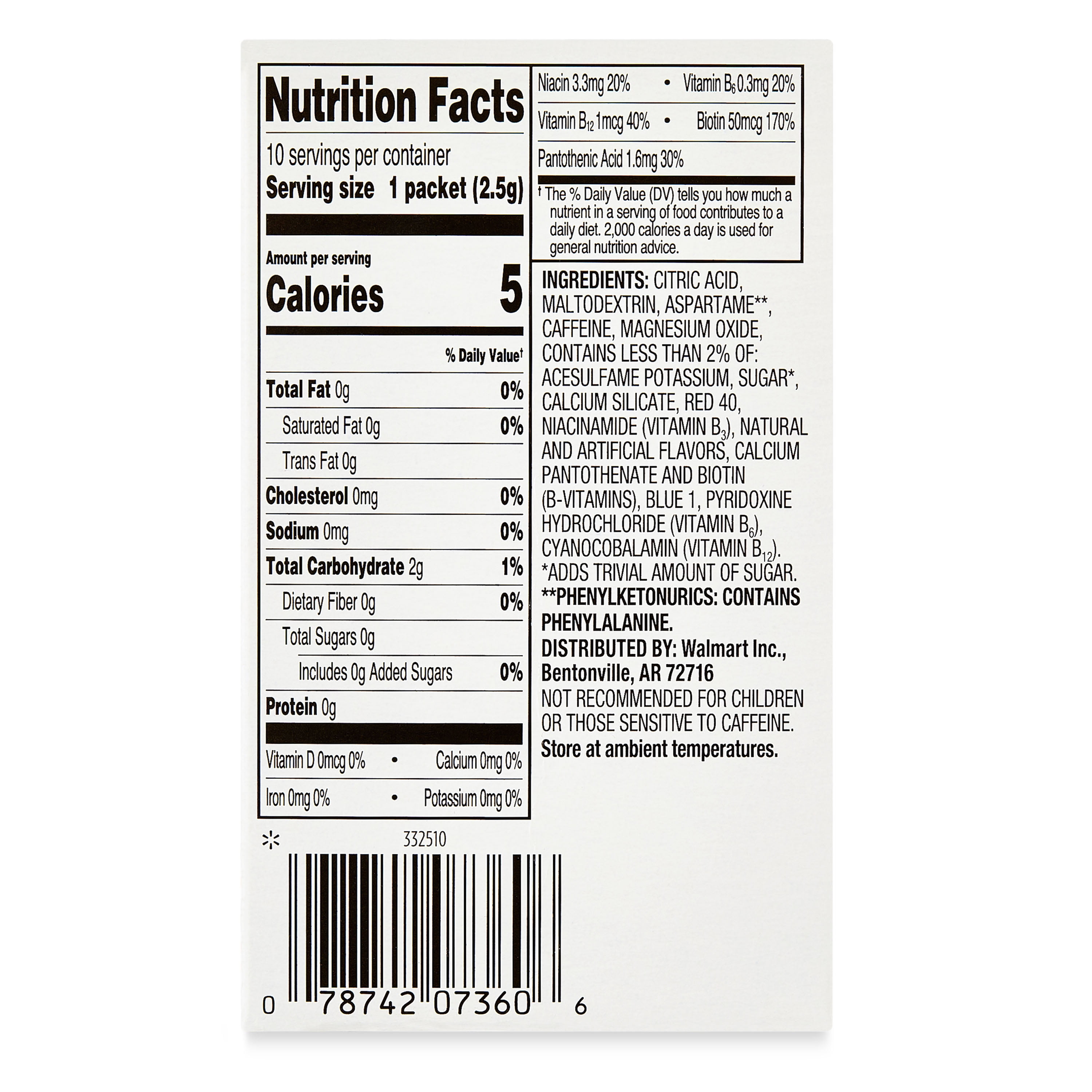 (12 pack) Great Value Sugar Free Blueberry Acai Energy Drink Mix, 0.08 oz, 10 Packets