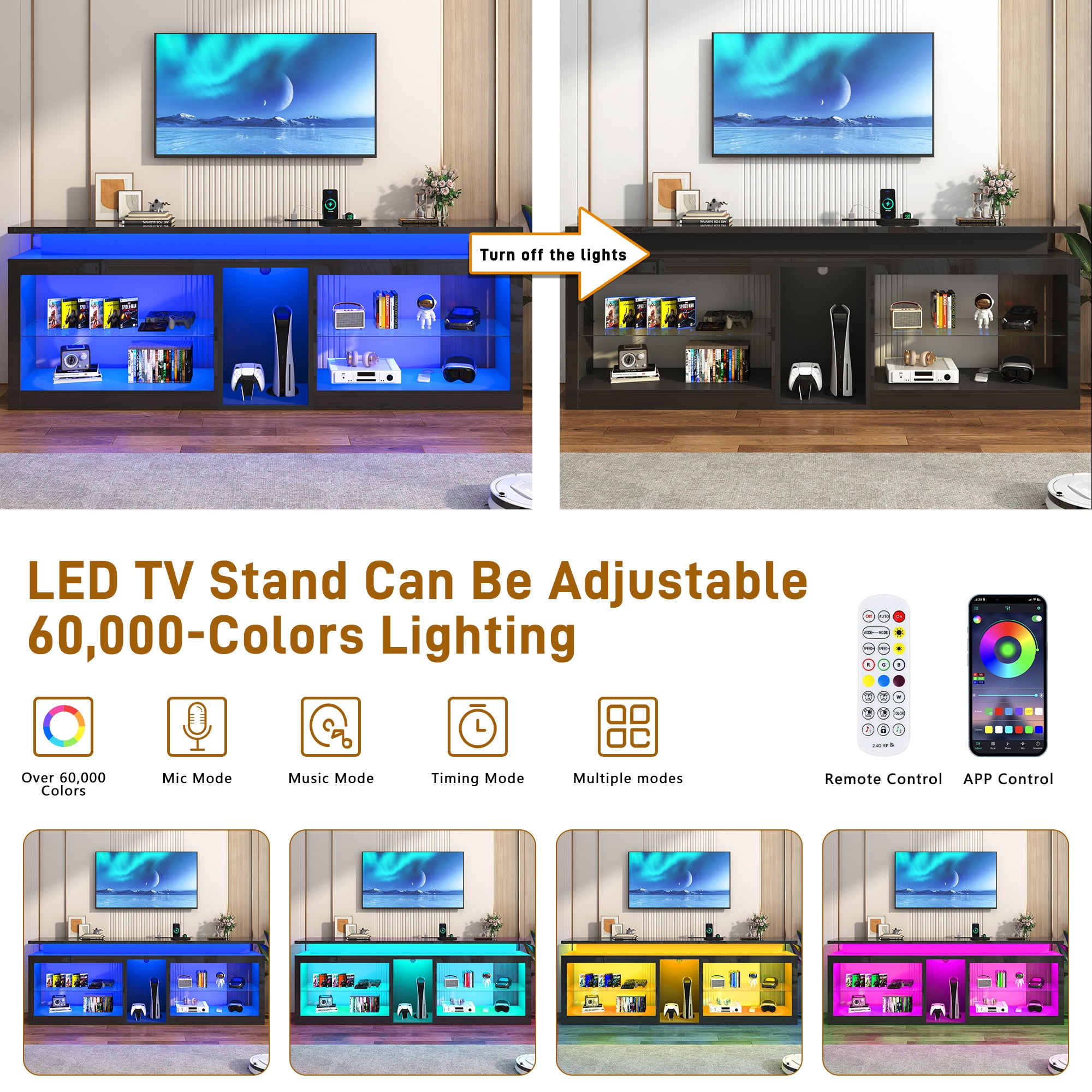ChVans 80.7" Modern LED TV Stand for TVs up to 90" with LED Lights & Outlet, High Gloss Entertainment Center with Open Shelves Storage, Media Console TV Stands for Living Room, Game room, Bedroom