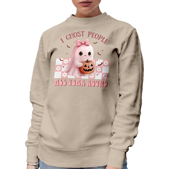 Funny I Ghost People All Year Round, Cute Pink Ghost Pun, Sand Crewneck Sweatshirt, Small