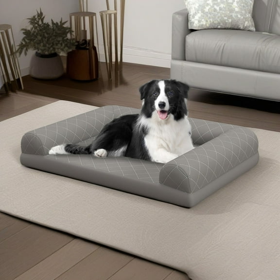 Pefilos 36" Egg-Foam Dog Bed with 3-Side Bolster, Pet Sofa Bed for Small Medium Dogs, Removable Washable Bed Cover Dog Crate Bed, Gray