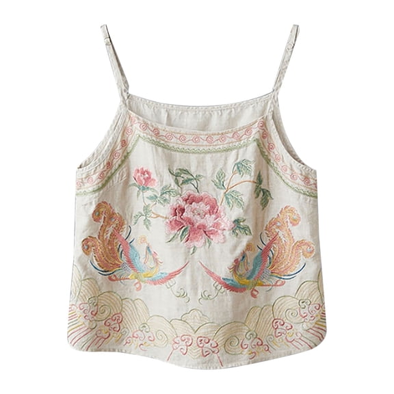 Womens Tank Tops Cotton Linen Retro Embroidered Vacation Summer Tank Tops for Women Beige L