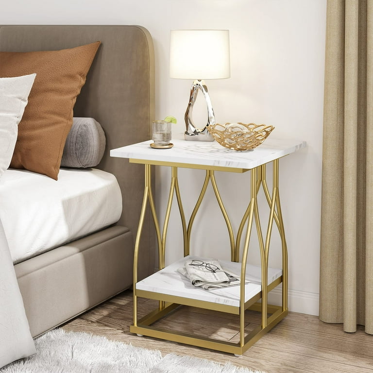 Tribesigns Faux Marble Side Table for Living Room Square End Table with 2 Tier Storage Shelf Modern Accent Sofa Side Table w Unique Metal Frame