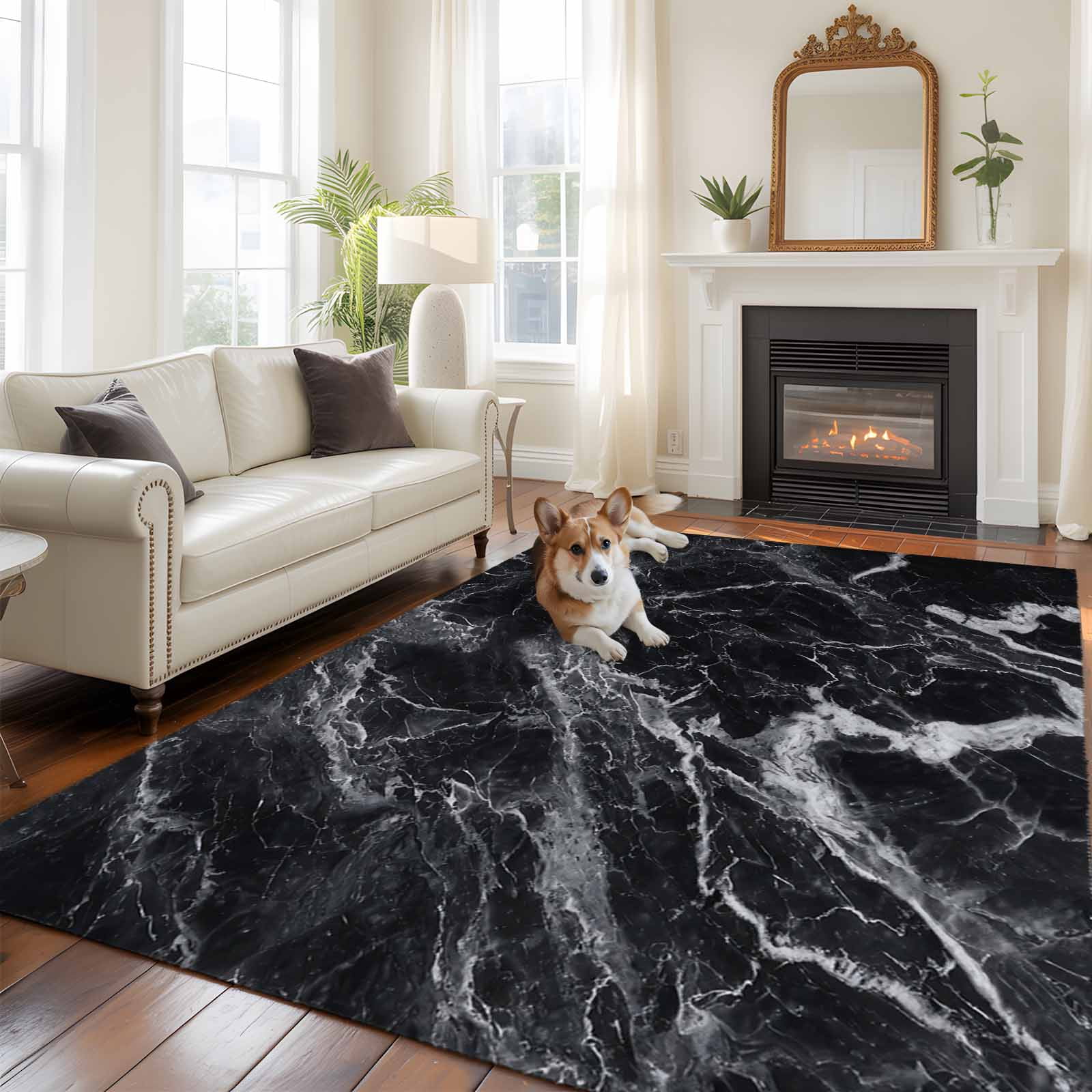 Abstract Art Washable Living Room Rugs 8'x10', Dark Black Marble Texture Modern Simple Low Pile Throw Large Area Rug Non-Slip Sturdy Edge Binding Carpet for Bedroom Dining Room Office