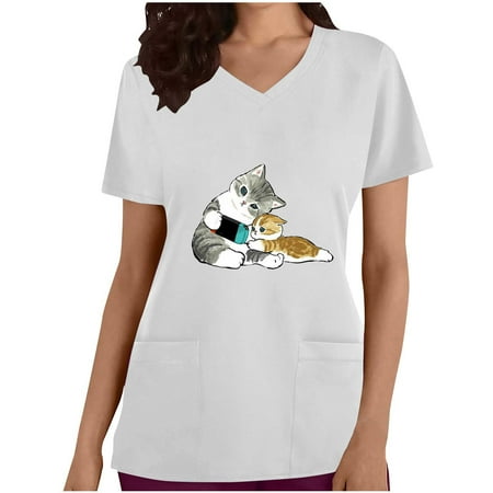 

QLEICOM Women s Pocket Scrub Top Cute Cat Print Short Sleeve V-Neck Wrap Scrubs Soft Stretch Nursing Workwear Blouse Shirt White E M US Size:6