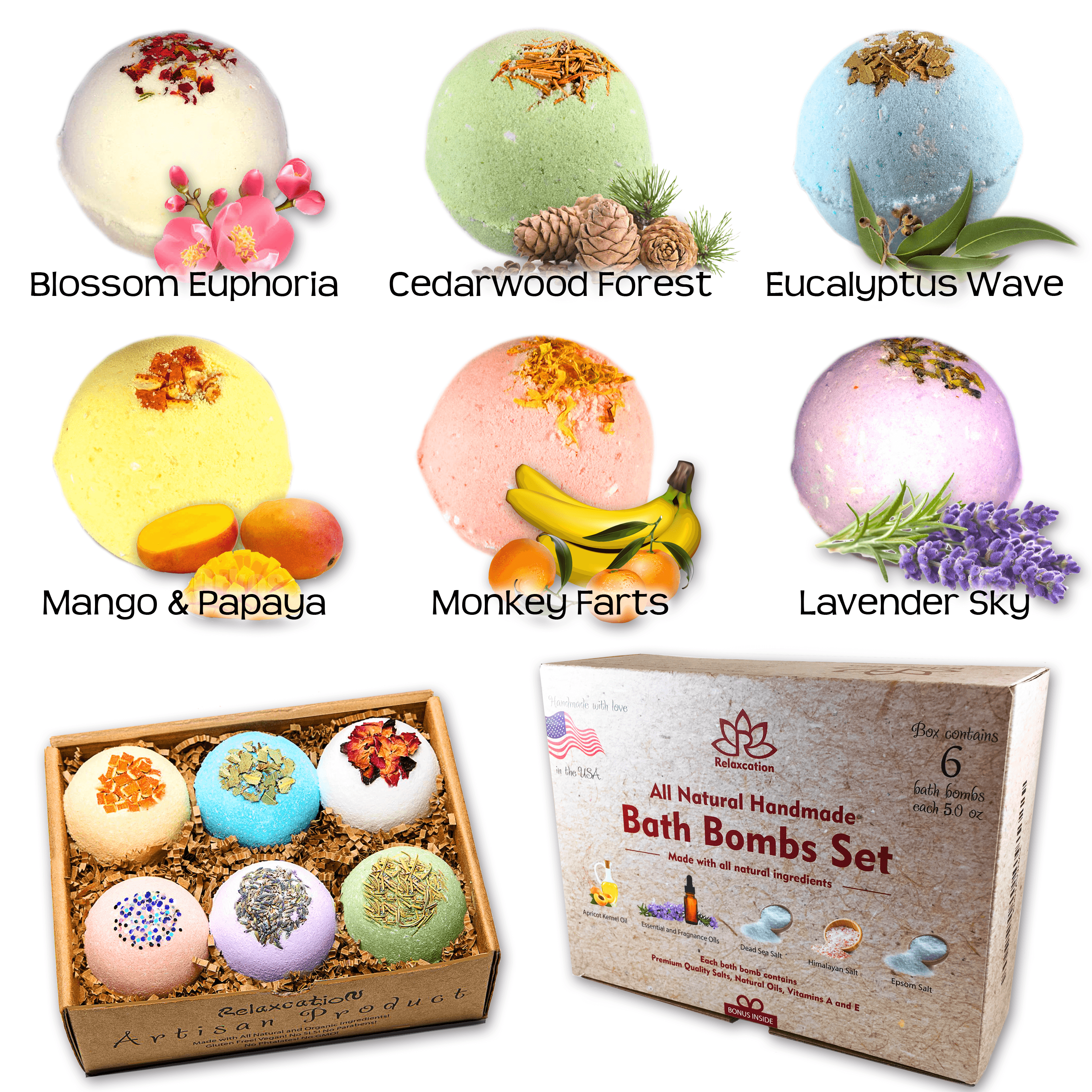 Organic All Natural Bath Bombs for Women Men with Dead Sea and Epsom Salts Handmade in USA Safe by Relaxcation 6 Set