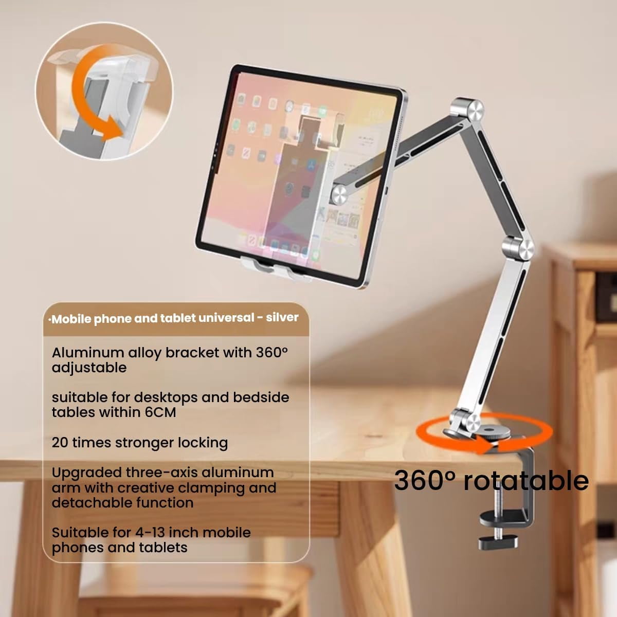 Adjustable Phone Tablet Mount, Ergonomic Multi Joint Stand with Sturdy Desk Clamp, 360° Rotatable & Height Compatible with Devices for Home,Office,Studio(Silver)