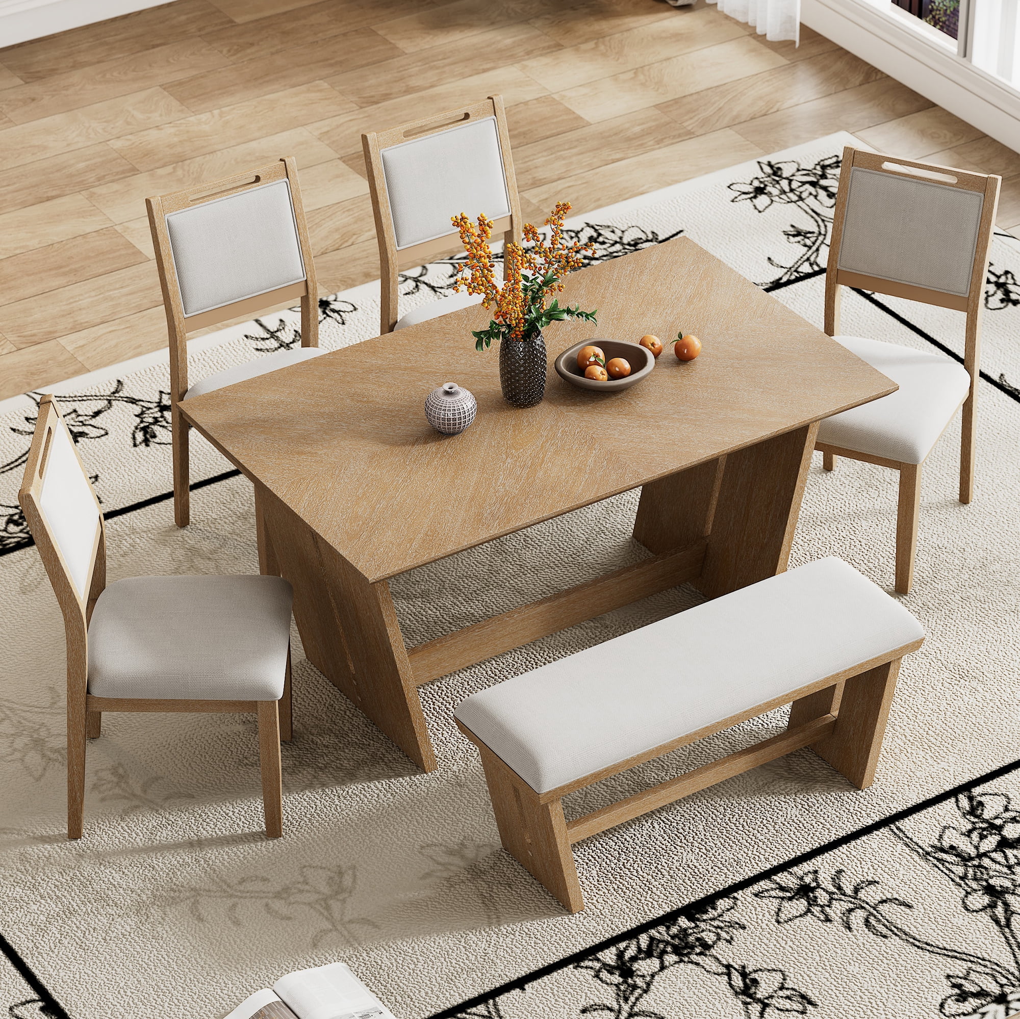 Howcool Retro 6-Piece Dining Set, 60" Wood Table, Trestle Base, 4 Chairs & Bench, Natural Wood Wash