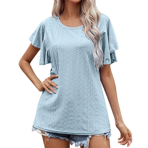 Vedolay Women Shirts Casual Women's Casual Summer Tops Round Neck Short Sleeve Pullover Blouse Shirts Solid Color Tunics Blouse,Blue L