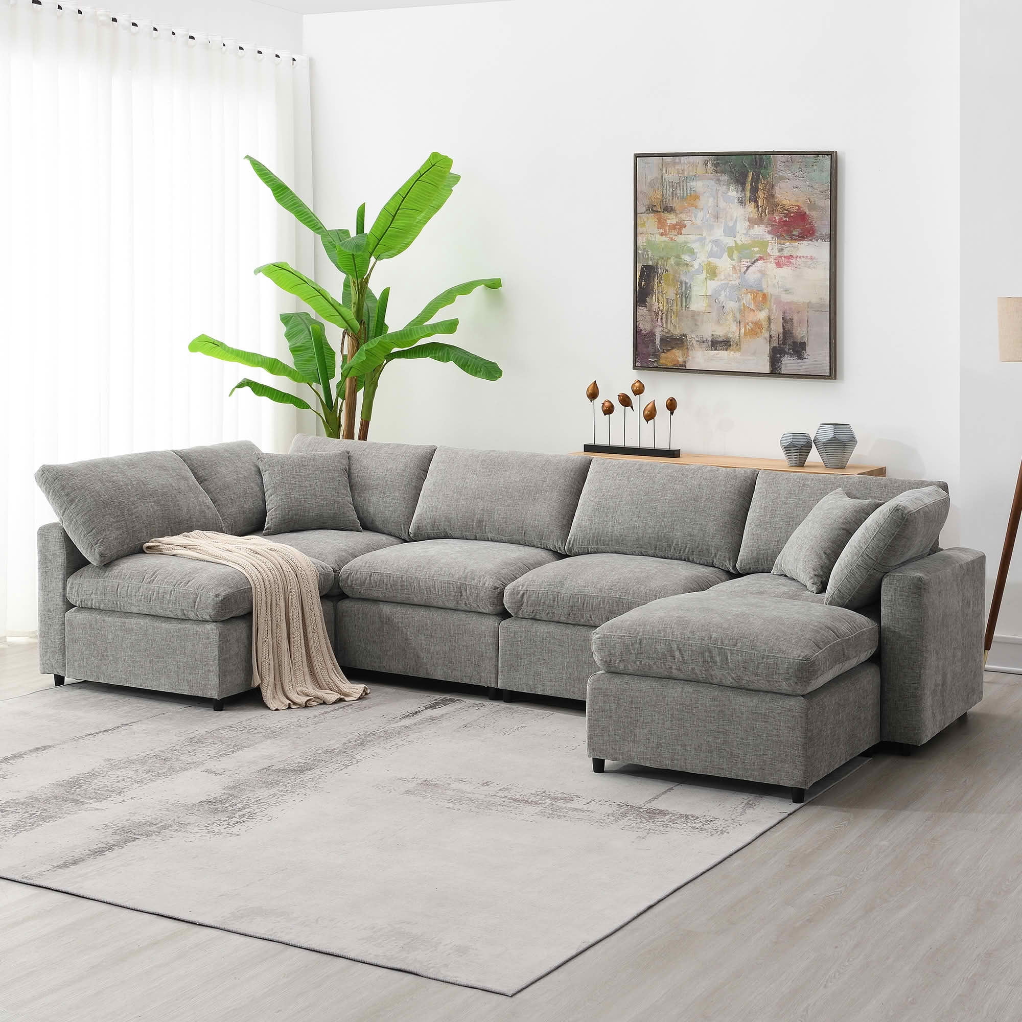 MAYEERTY 130x65" Modular Cloud Sofa Bed - 6-Seat Chenille, Convertible U-Shaped with Ottoman