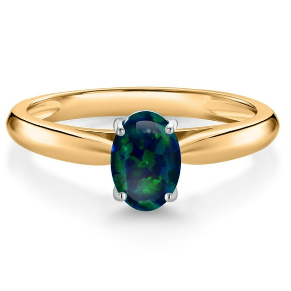 Gem Stone King 10K Yellow Gold Green Opal Solitaire Engagement Ring for Women (0.63 Cttw, Oval Cabochon 7X5MM, Gemstone October Birthstone, Size 9)
