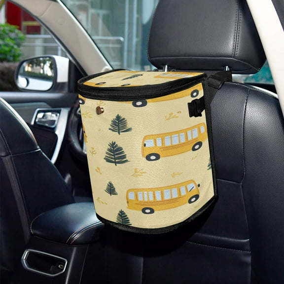 Qxltty Yellow Kindergarten School Bus Pattern Car Trash Can with Lid Vehicle Backseat Hanging Leak Proof Storage Bin