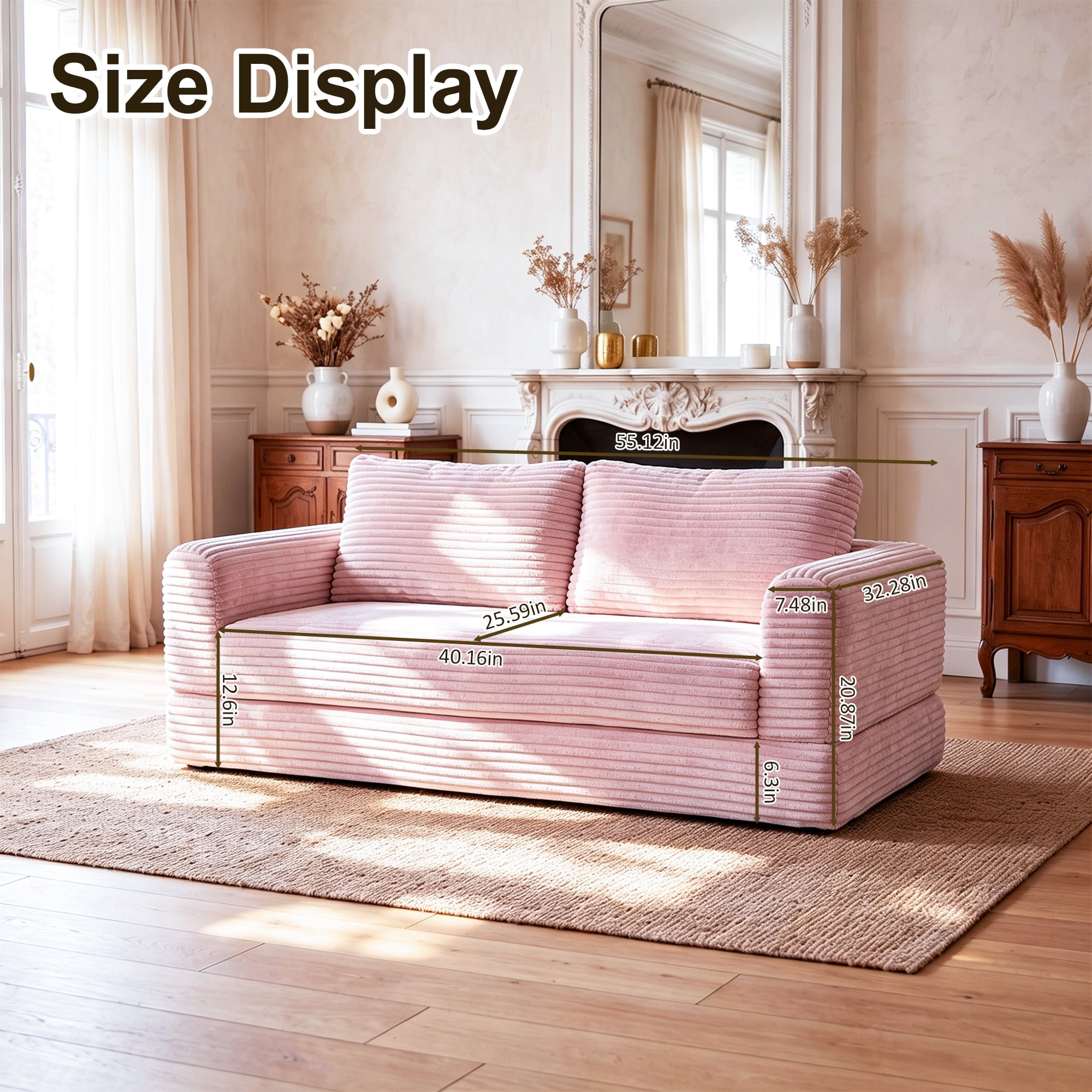 55" Convertible Futon Sofa Bed,Folding Boneless Couch with Sleeper Sofa,Fold Out Floor Sofa with Deep Seat,Cloud Corduroy Foldable Mattress Couch for Living Room,Pink