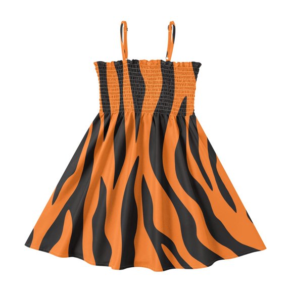 Black Tiger Stripes Girls' Casual Dresses 2Y-8Y Sleeveless Ruffle Neck for Summer Daily Wear