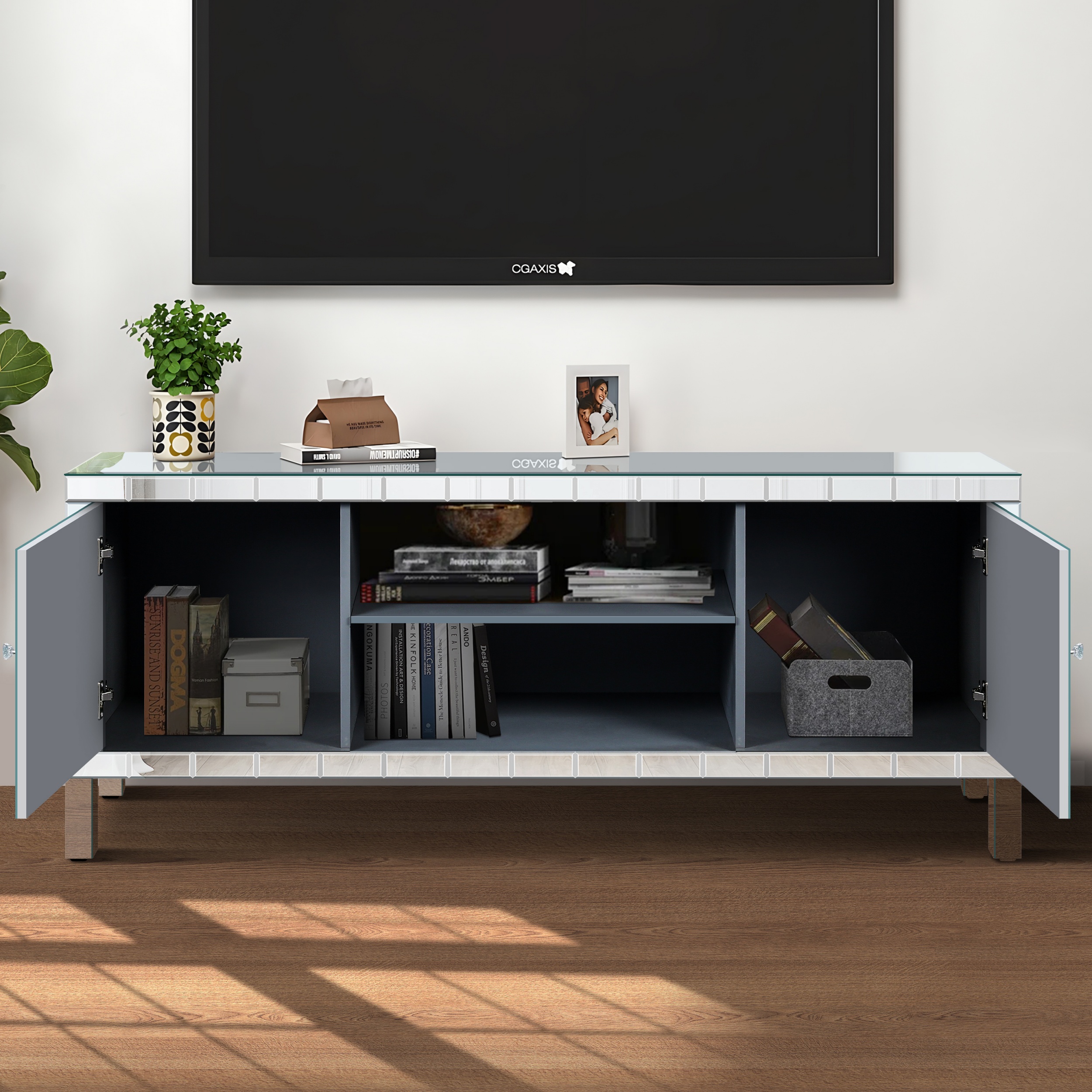 Atumcto Mirrored TV Stand for 65in TV, Silver Console with Storage Cabinets and Shelves, Modern Glam Entertainment Center for Living Room