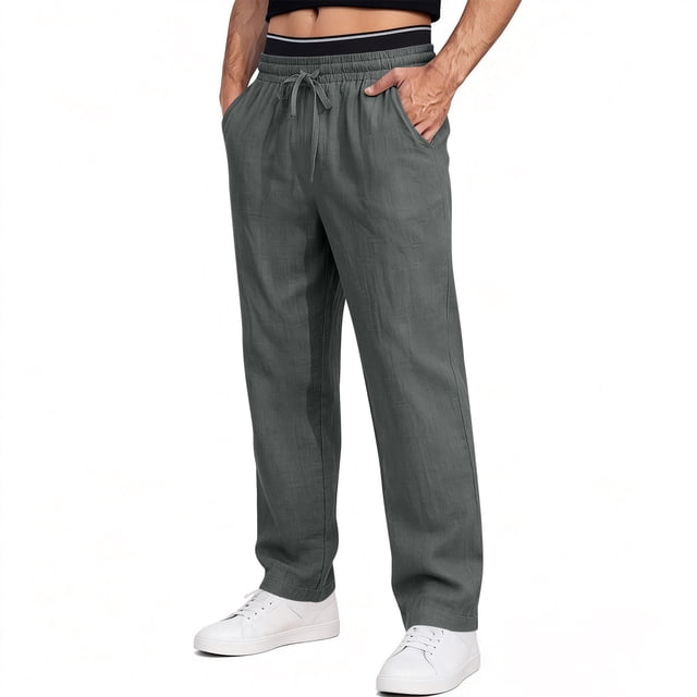 Ceisia Men's Solid Color Cotton Linen Casual Pants Loose Straight Leg Drawstring Trousers for Summer Gray M Gifts