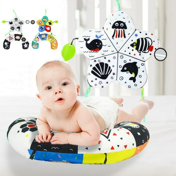 Tummy Time Mat with Crinkle Mat & Teethers, Baby Tummy Time Pillow Sitting Support for Newborns with Detachable Support Pillow for 0-6 Months Babies