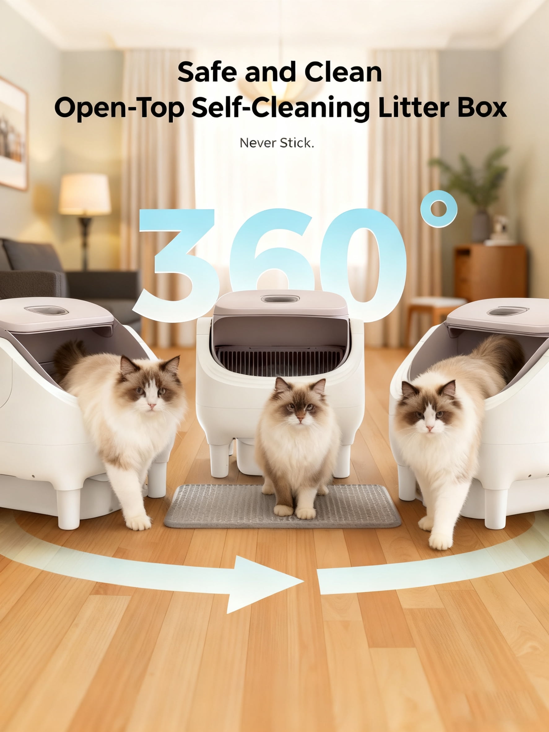 Automatic Open-Top Self-Cleaning Cat Litter Box -App Control, Safe Alert, Smart Health Monitor, Includes 2 Liners & Mat, Multi-Cat Friendly, Champagne