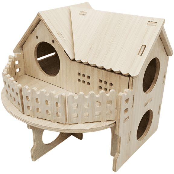 Wooden Hamster Hideout, Double-Decker House with Balcony, 7.5 in / 19 cm Multi Chamber House, Ventilated, Stable Structure, Hamster Cage Accessories for Dwarf Hamsters, Gerbils