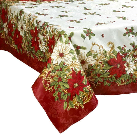 Violet Linen Decorative European Blossom Christmas Tablecloth, Poinsettia & Holly Berry Print - 60" x 120"