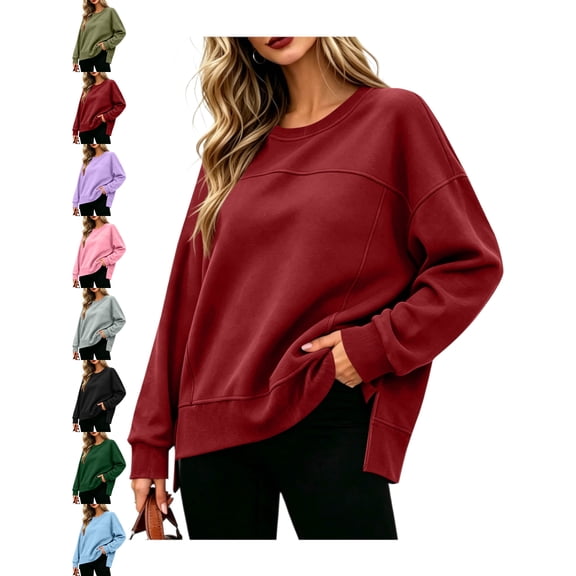 Womens Loose Oversized Crewneck Sweatshirt Long Sleeve Side Slit Casual Pullover Fall Winter Tops