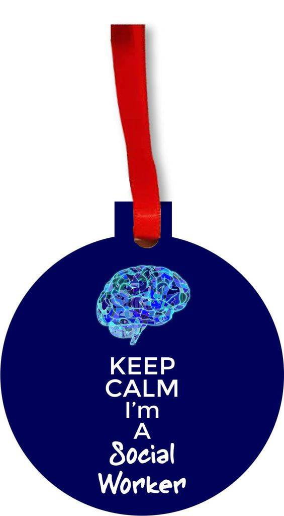 keep calm im a social worker in navy round flat hardboard holiday tree ornament made in the u s a navy social worker