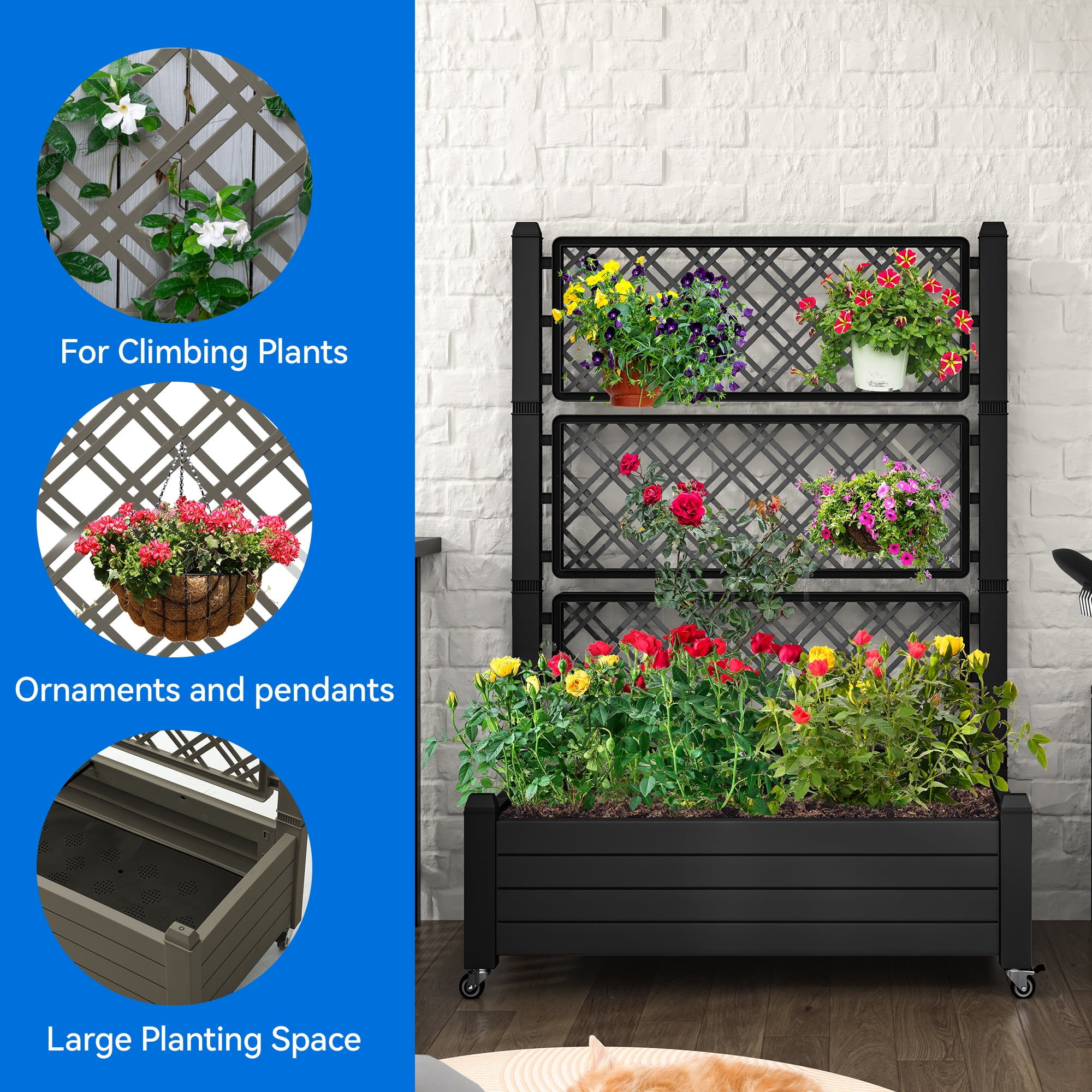 Dextrus 61'' Large Planter Box; Outdoor Raised Garden Bed with Trellis and Lockable Wheels,Ideal for Vines and Climbing Plants,with Drain Plug,43.3"L x 17.7"W x 61"H -Black
