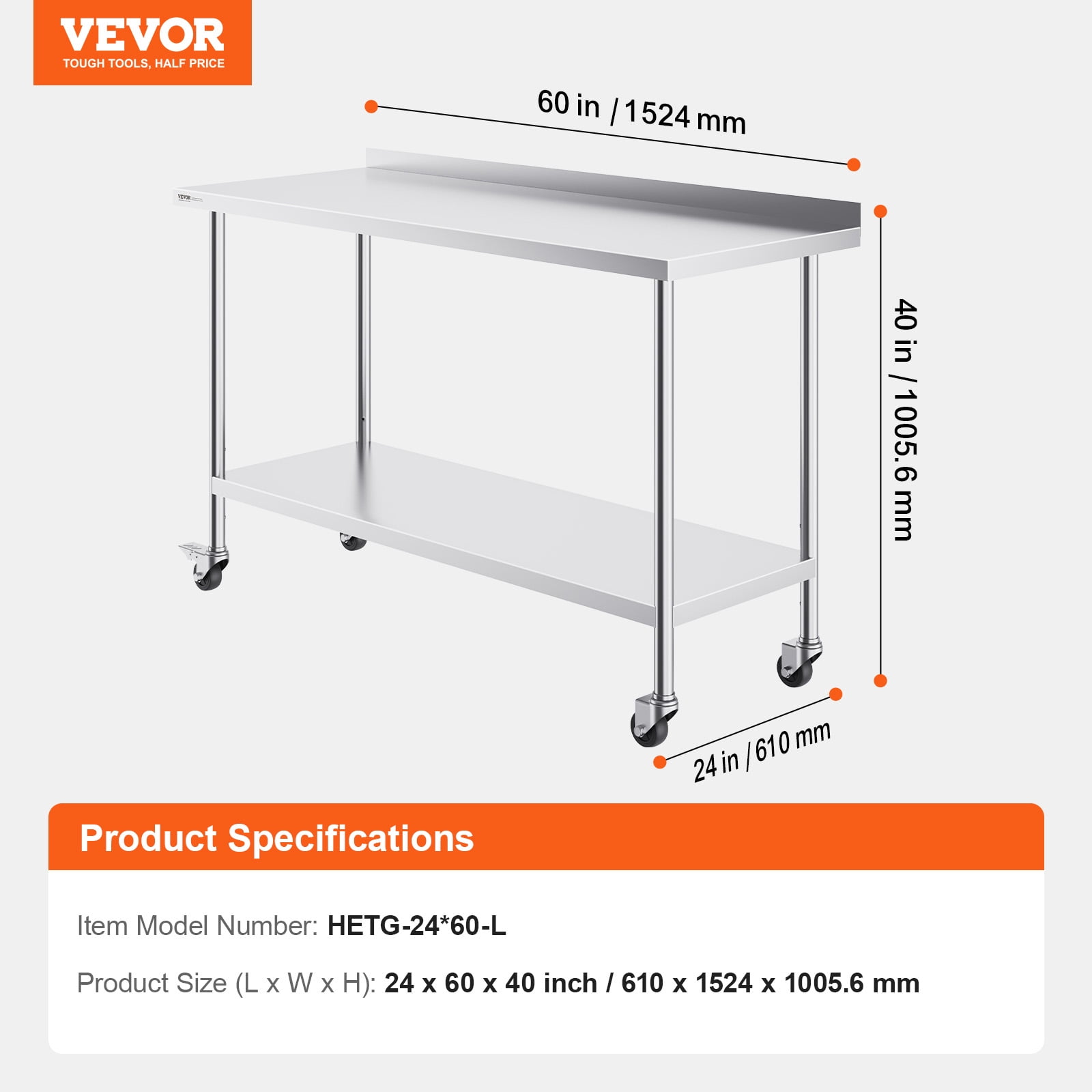 VEVOR 24 x 60 x 40 Inch Stainless Steel Work Table, Commercial Food Prep Worktable with Casters, Heavy Duty Prep Worktable, Metal Work Table with Adjustable Height for Restaurant, Home and Hotel