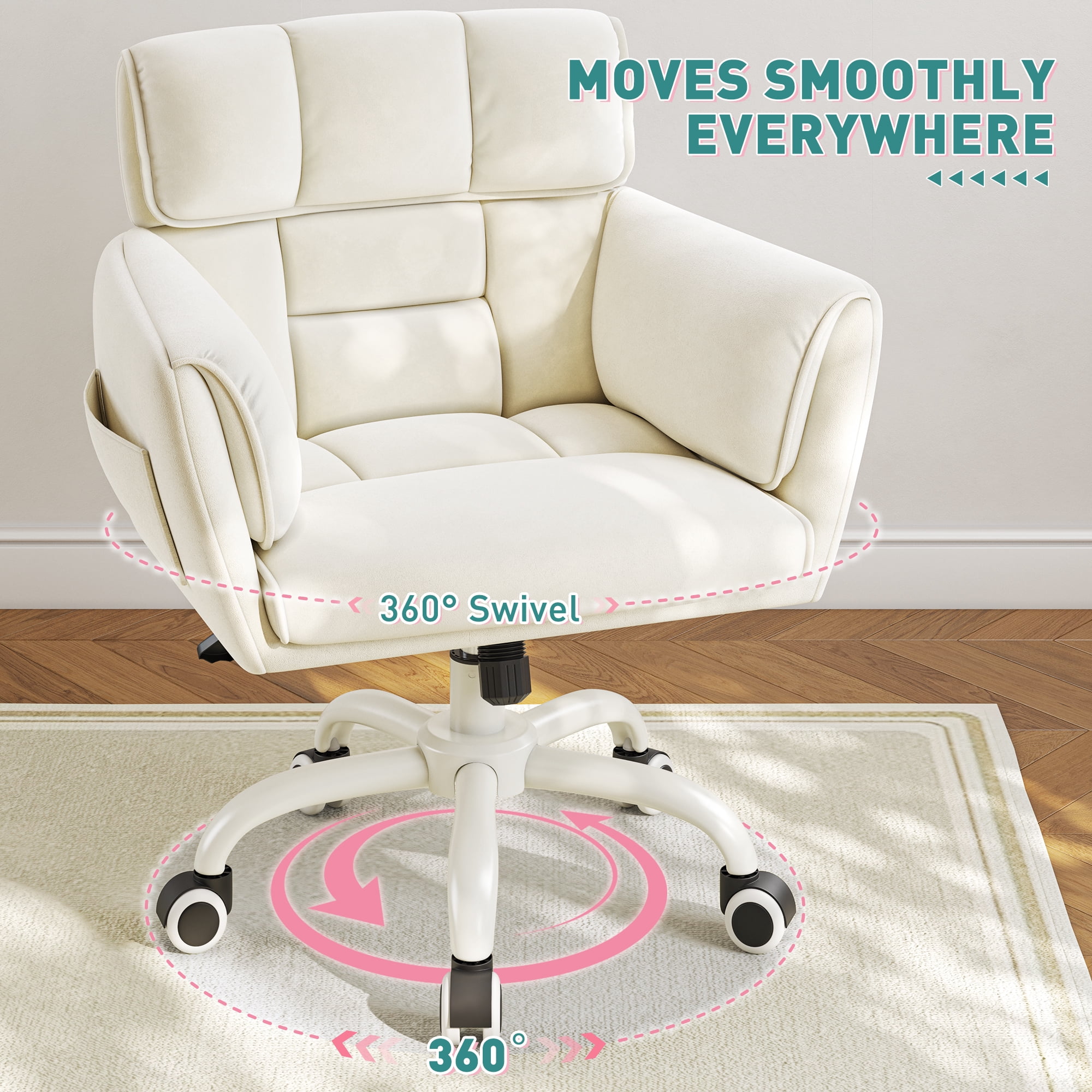 Romorgniz Adjustable Office Chair with Wheels, Soft-Touch Upholstered Desk Chair with Side Pockets, Ergonomic Vanity Chair for Bedroom, Home Office, Pale Yellow