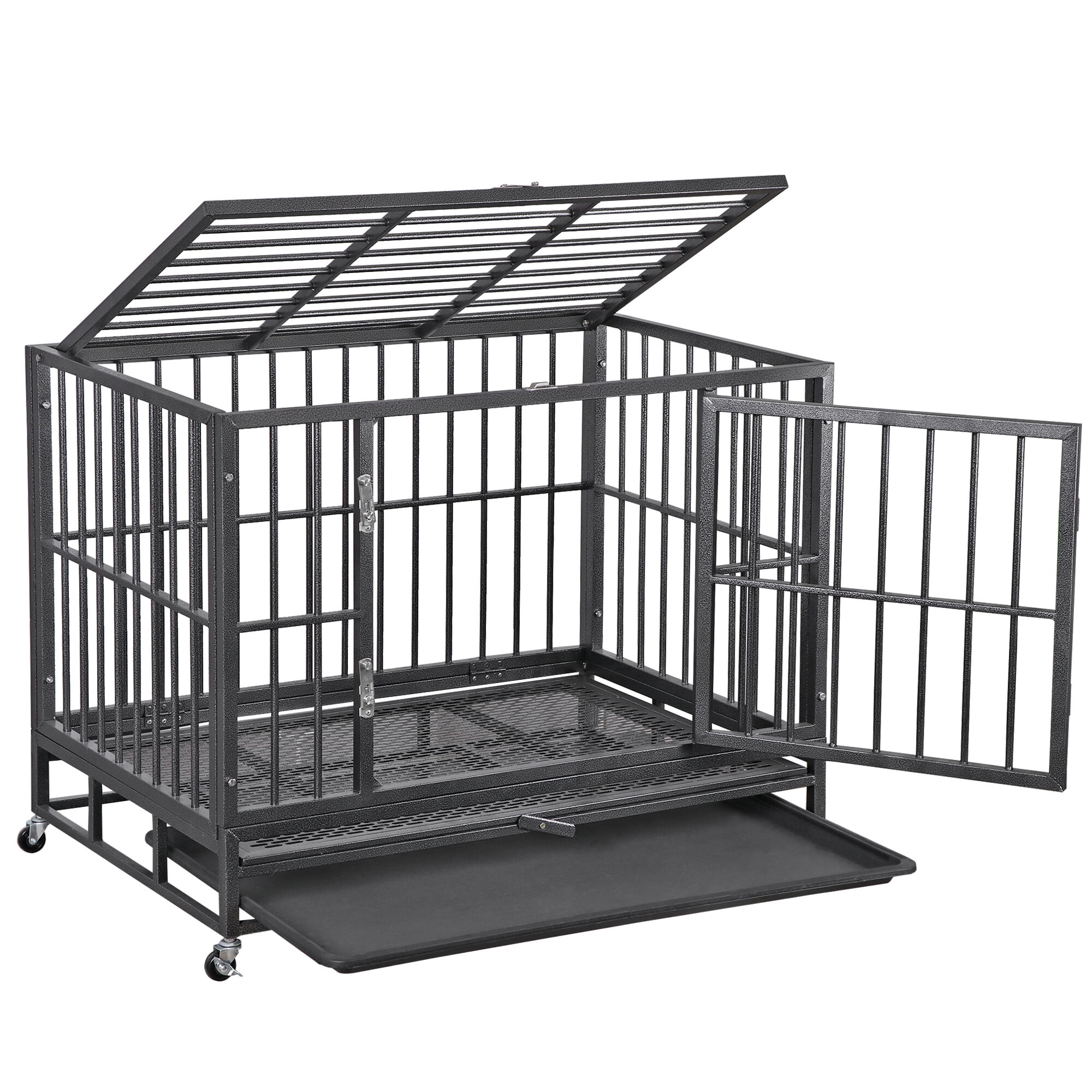 ZENY 38 Inch Indestructible Heavy Duty Dog Crate Escape Proof with Lockable Wheels High Anxiety Double Door Design