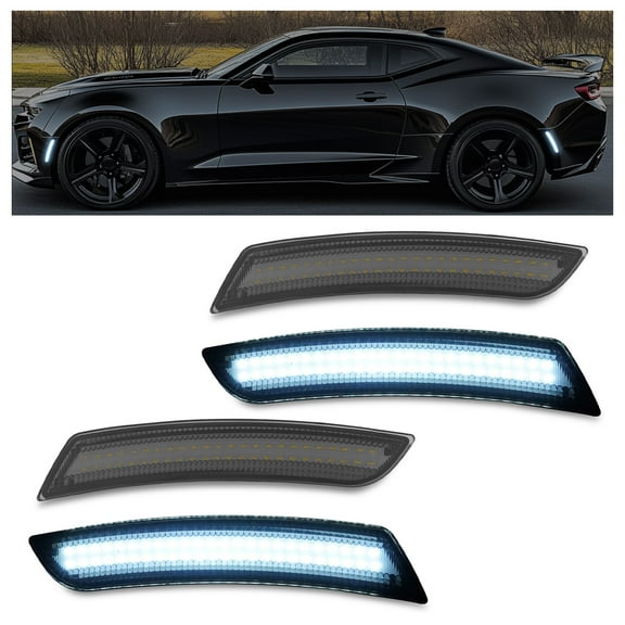 Kojem LED Camaro Side Marker Lights for 2016-2024 Chevy Chevrolet Camaro & 2014-2019 Cadillac CTS ATS Front Rear Bumper Fender Lamp Smoke Lens 4Pcs
