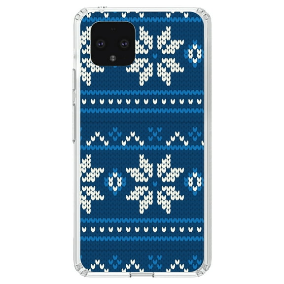 DistinctInk Clear Shockproof Hybrid Case for Google Pixel 4 (5.7" Screen) - TPU Bumper, Acrylic Back, Tempered Glass Screen Protector - Blue White Ugly Hannukah Sweater