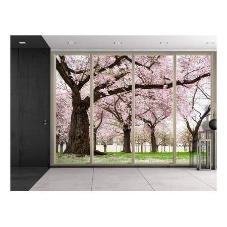 Wall26 - Petals Falling from Cherry Blossom Trees Viewed From Sliding Door - Creative Wall Mural, Peel and Stick Wallpaper, Home Decor - 66x96