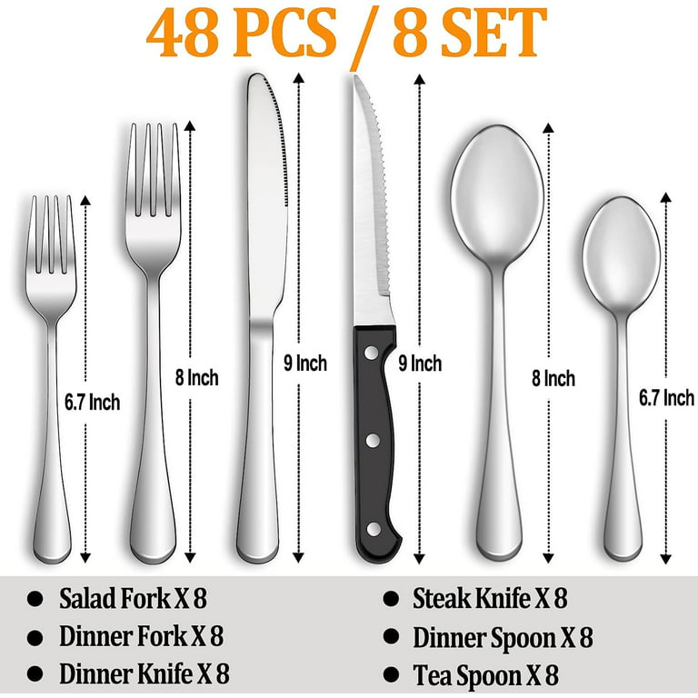 LIANYU 48-Piece Black Silverware Set with Steak Knives and Organizer,  Stainless Steel Flatware Cutlery Set for 8, Tableware Eating Utensils Set  for