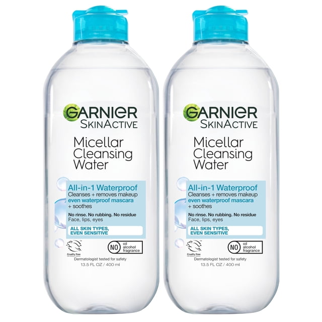 Garnier - Agua limpiadora micelar Skinactive para maquillaje a prueba de agua, 2 unidades
