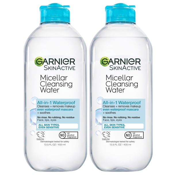 Garnier - Agua limpiadora micelar Skinactive para maquillaje a prueba de agua, 2 unidades
