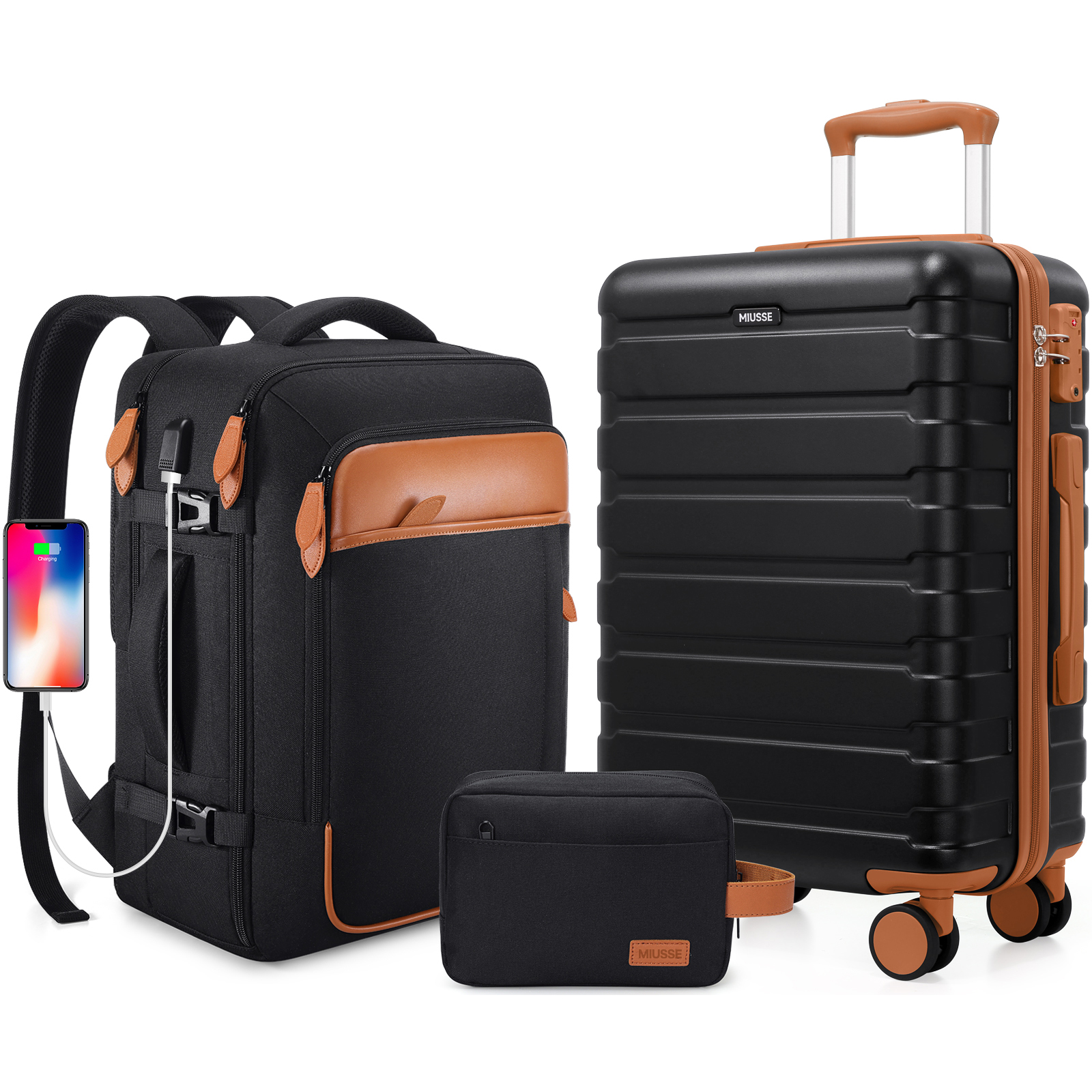 MIUSSE Carry on Luggage Set 3 Piece Hard Shell Luggage Sets with YKK Zipper Spinner Wheels TSA Lock Carry on with Backpack Set