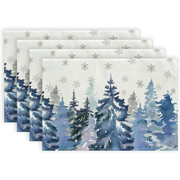 Watercolor Christmas Trees Place Mats - Welcome Winter Birds Placemats Set of 4 Snowflake Art Table Mat for Indoor Outdoor Dining Decorations 12 x 18 Inch