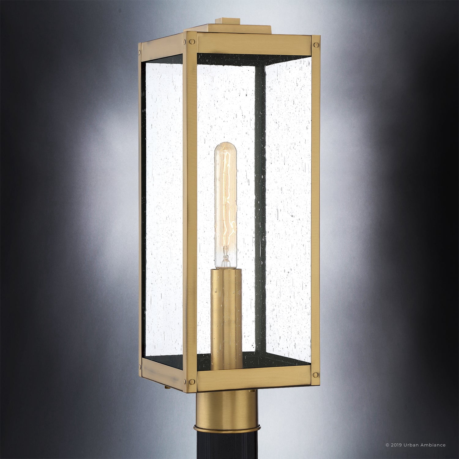 Luxury Modern Farmhouse Outdoor Post Light, 20.50''H x 7.00''W, with Industrial Style Elements, Minimalist Design, Antique Brass Finish and Clear Seedy Glass, UQL1343